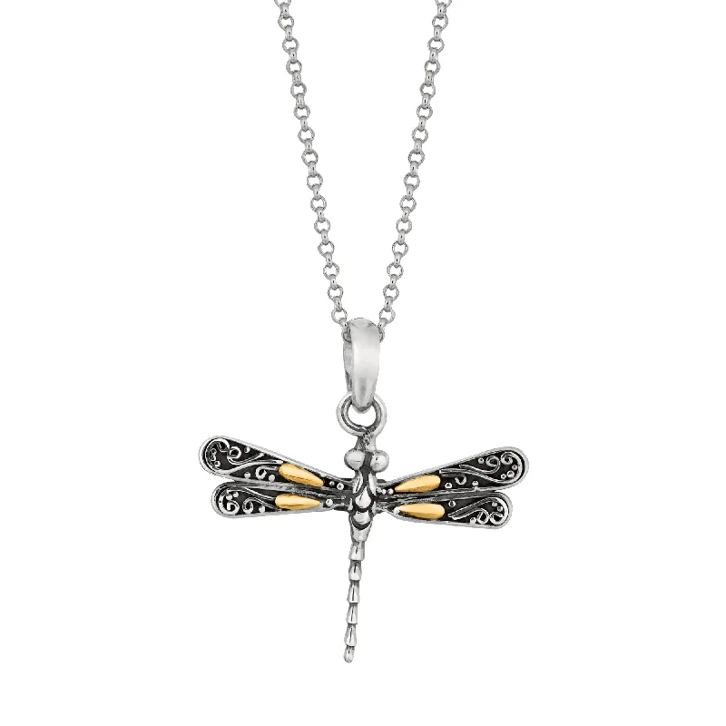 Flow shape necklaces-Silver & 18K Dragonfly Necklace