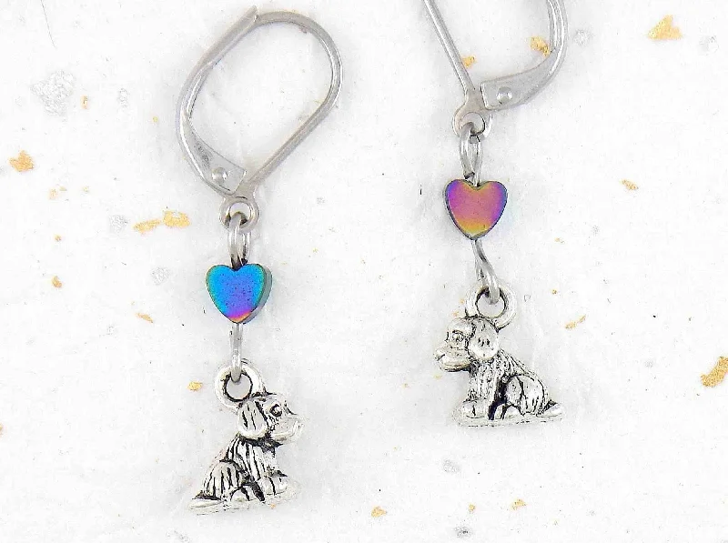 Short earrings with tiny pewter dogs and iridescent hematite hearts, stainless steel lever back hooks