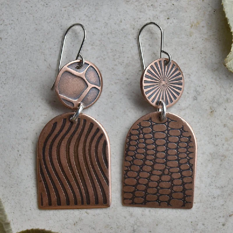 Ripple theme earrings-Shield & Circle Copper Drop Earrings