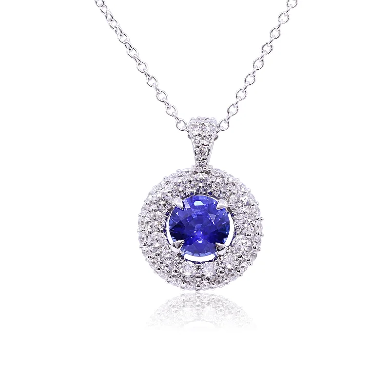 Fine-line necklaces-18K WHITE GOLD ROUND SAPPHIRE AND DIAMOND HALO PENDANT NECKLACE