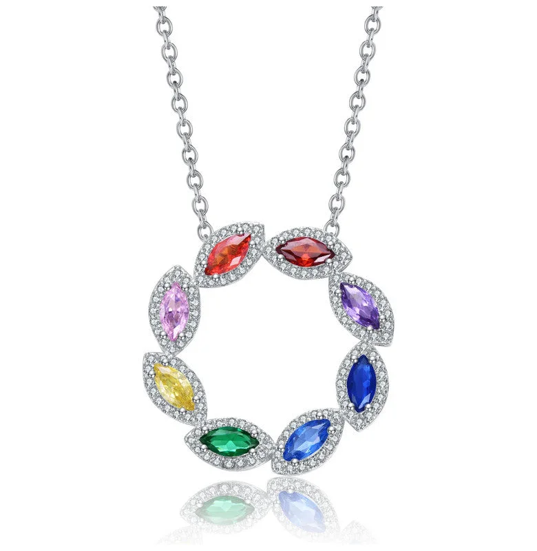 Solid bib necklaces-White Gold Plated with Multi-Colored Cubic Zirconia Round Petals Pendant Necklace