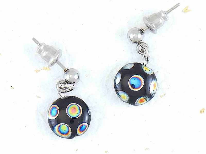 Short earrings with small shiny black round Czech glass pebbles, small multicoloured dots, stainless steel posts