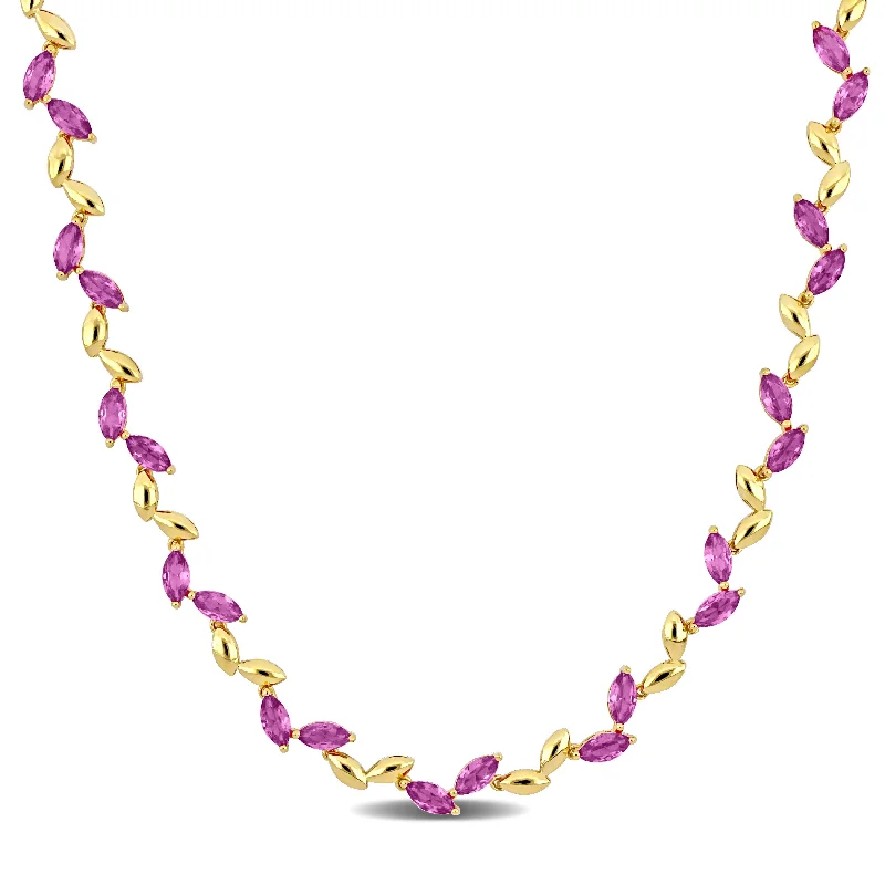 Spinel necklaces-Mimi & Max 20 3/8ct TGW Created Pink Sapphire Alternate Leaf Necklace in Yellow Silver-17 in