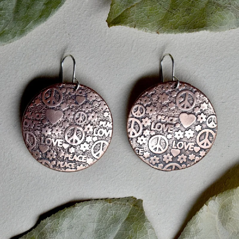 Fine stud earrings-Peace & Love Large Copper Disc Drop Earrings