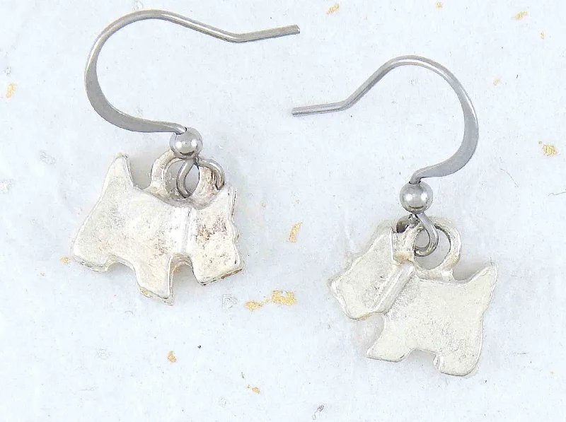 Short earrings with bright silver Scottish Terrier dogs, stainless steel hooks