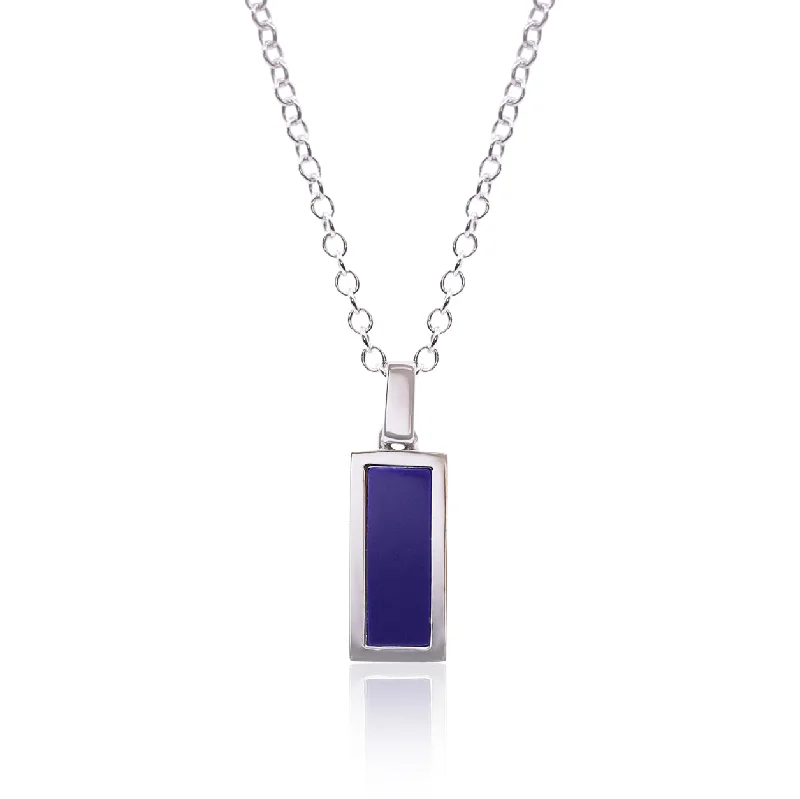 Thin beaded necklaces-18K WHITE GOLD RECTANGULAR LAPIS INLAY BAR PENDANT NECKLACE