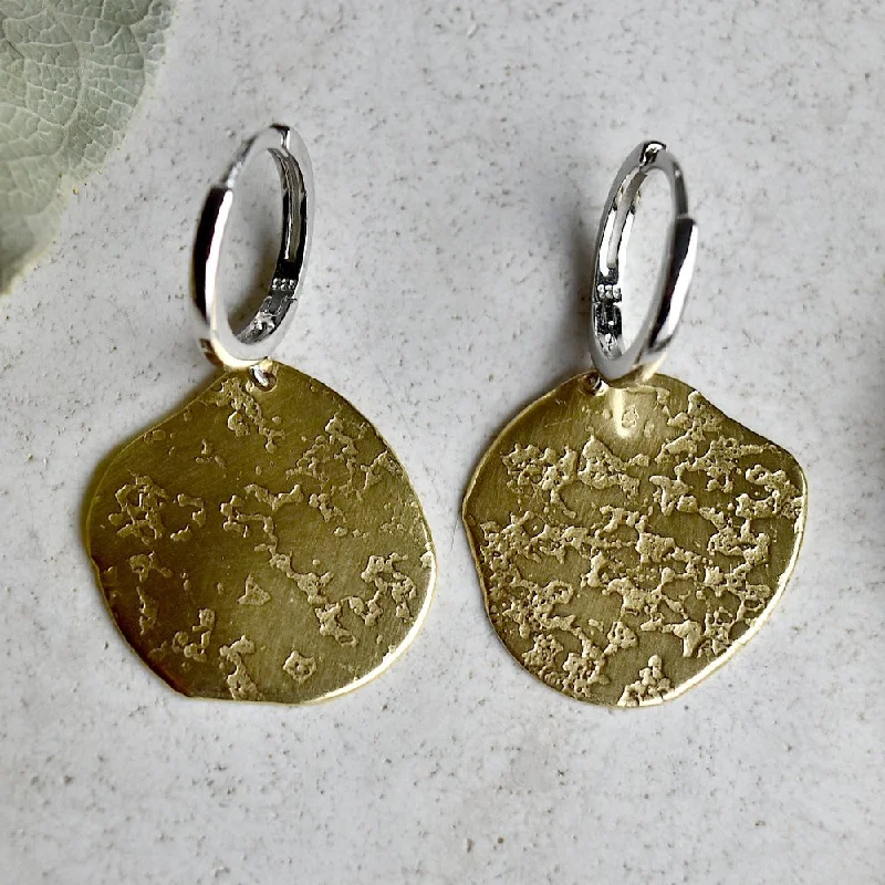 Java tile earrings-'Ashes' Silver Huggie Hoop with Patterned Brass Drop