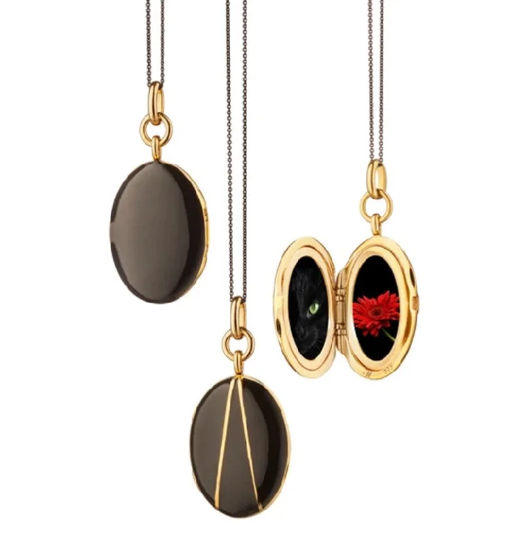 Silk fringe necklaces-MONICA RICH KOSANN STERLING SILVER AND 18K YELLOW GOLD VERMEIL BLACK ENAMEL LOCKET NECKLACE