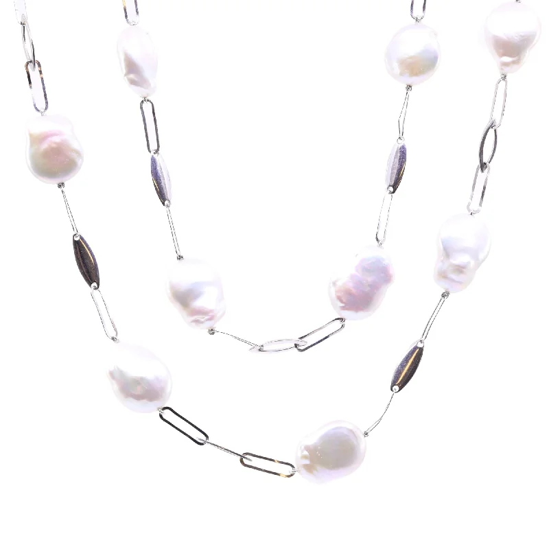 Bright name necklaces-40-INCH FRESHWATER BAROQUE PEARL NECKLACE WITH STERLING SILVER STATIONS