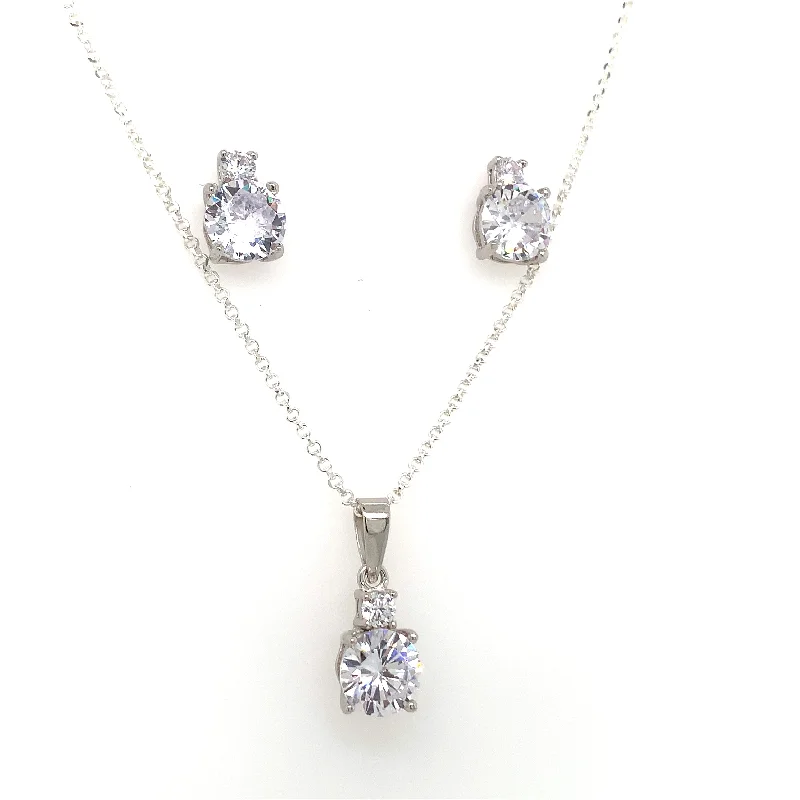 Ripple theme earrings-Sterling Silver Round Cz Earring And Pendant Set