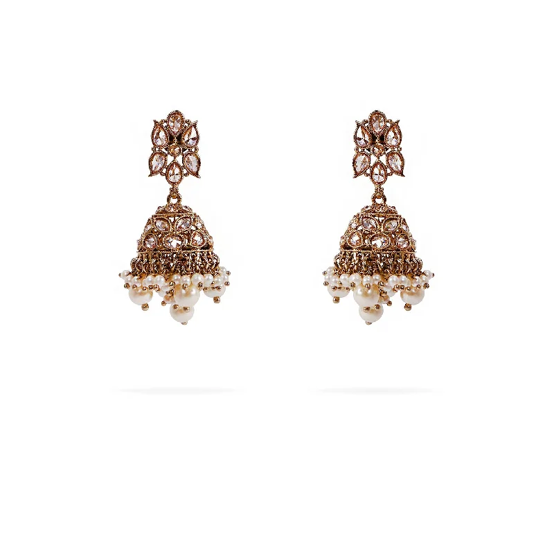 Light drop earrings-Akshara Jhumka Earrings in Pearl and Antique Gold