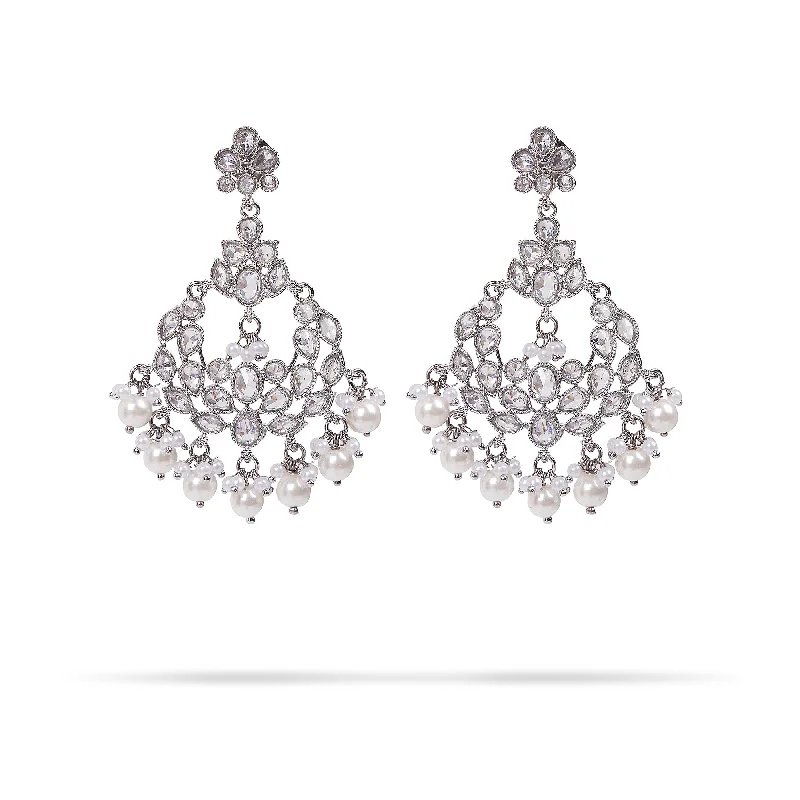 Onyx drop earrings-Surya Chandbali Earrings in Pearl and Rhodium