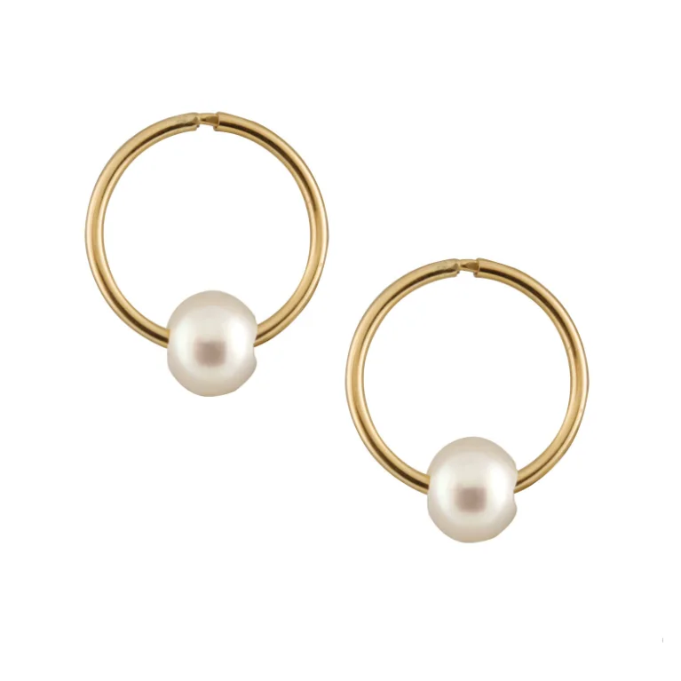 Light enamel earrings-Gold Sleeper Hoops with Pearl