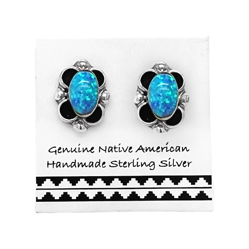 9mm Desert Opal Stud Earrings in 925 Sterling Silver, Handmade in the USA, Nickel Free, Light Blue Synthetic Opal, Oval