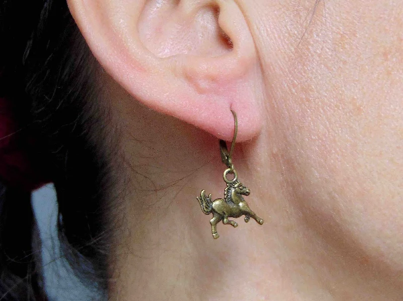 Short earrings with galloping horses, brass lever back hooks