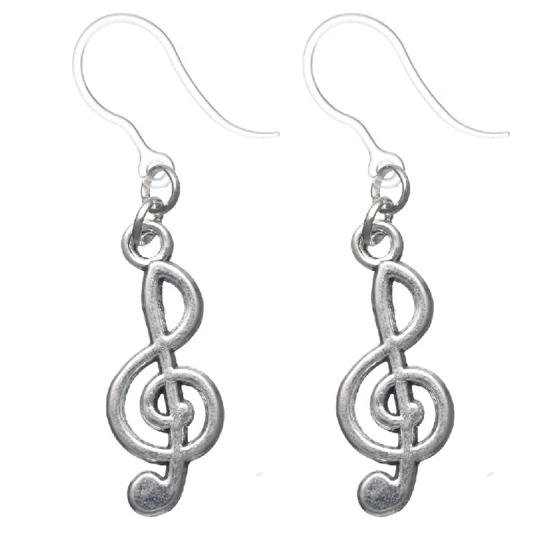 Silver Treble Clef Dangles Hypoallergenic Earrings for Sensitive Ears Made with Plastic Posts