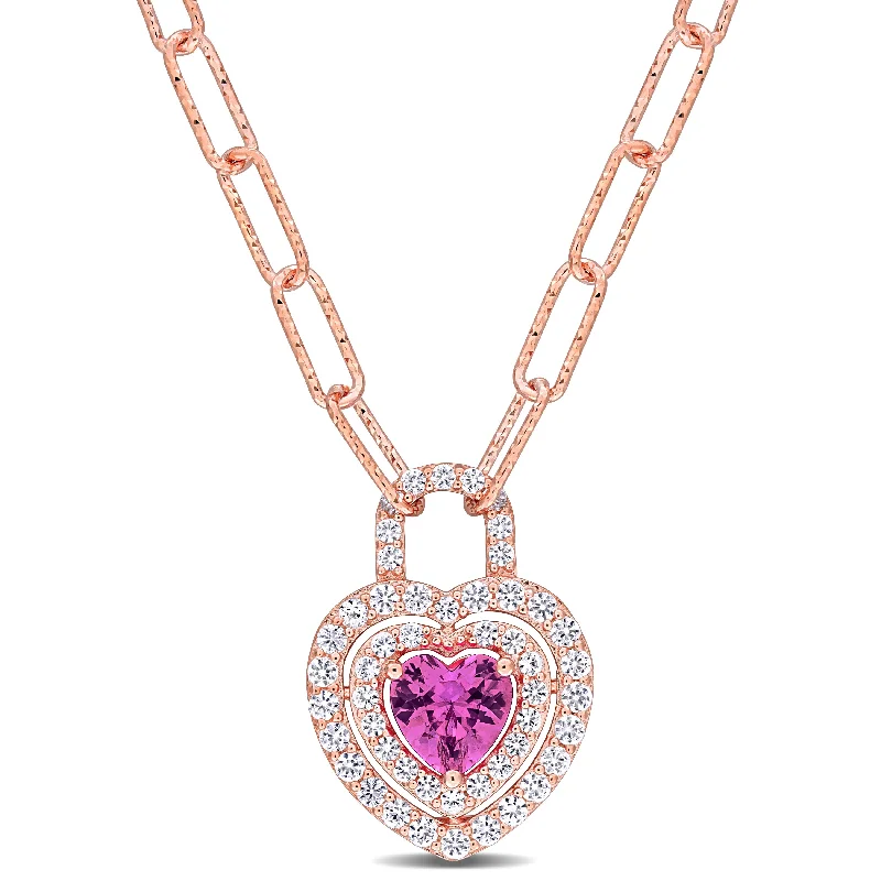 Light enamel necklaces-Mimi & Max 1 3/4ct TGW Created Pink Sapphire & Created White Sapphire Heart Necklace Rose Silver