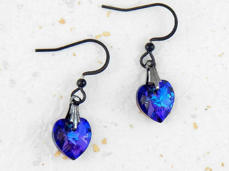 Short earrings with 10mm faceted Heliotrope (deep blue and violet) Swarovski crystal hearts, black stainless steel hooks