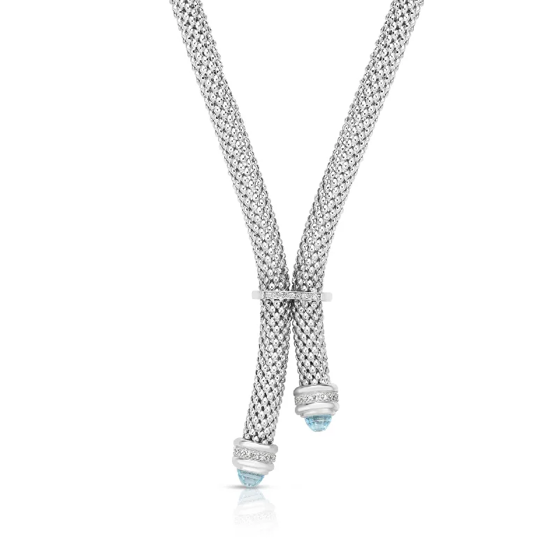 High bar necklaces-Sterling Silver 18 inches with Rhodium Finish 7mm Shiny Dome Lariat Popcorn Length Necklace with Giant Spring Ring Clasp with 0.0950ct 1mm White Diamond+ Round Blue Topaz