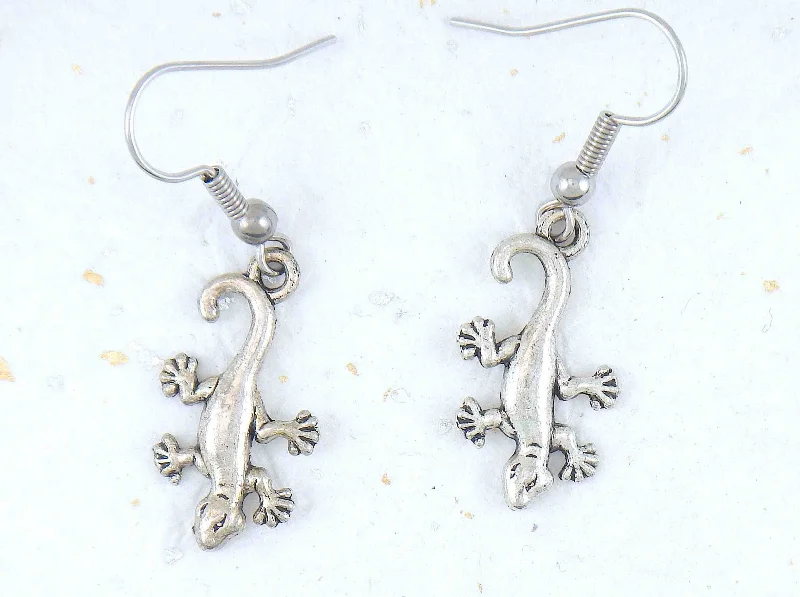 Short earrings with small pewter lizards, stainless steel hooks