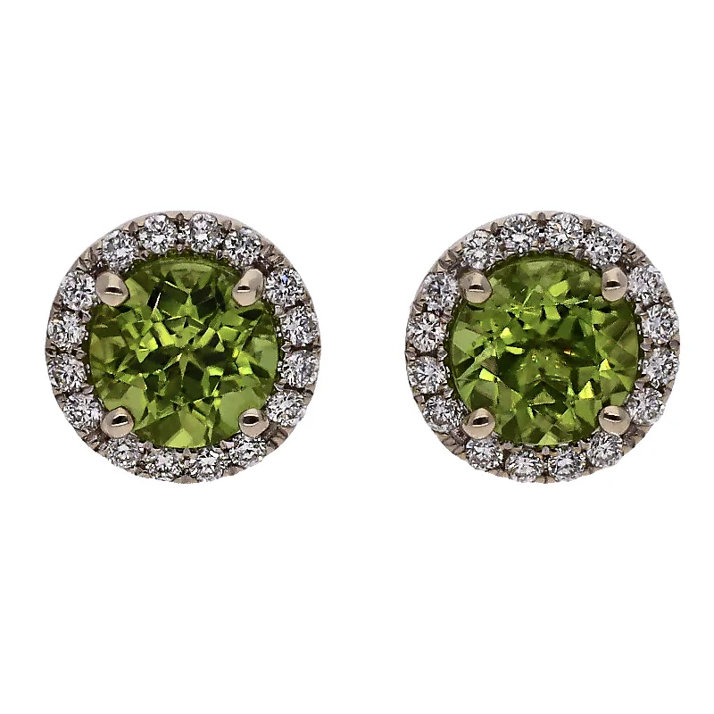 Cultured pearl earrings-14K White Gold Round Peridot Stud Earrings with Diamond Halo