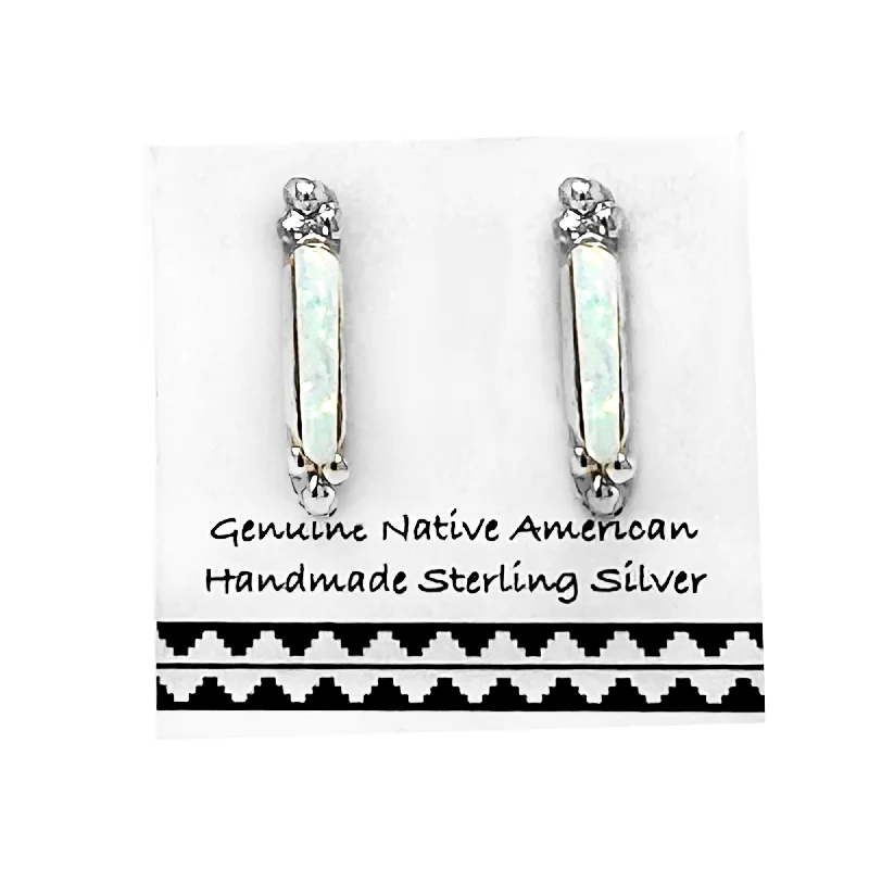 Desert Opal Bar Stud Earrings, 925 Sterling Silver, Native American USA Handmade, Nickel Free, White Synthetic Opal