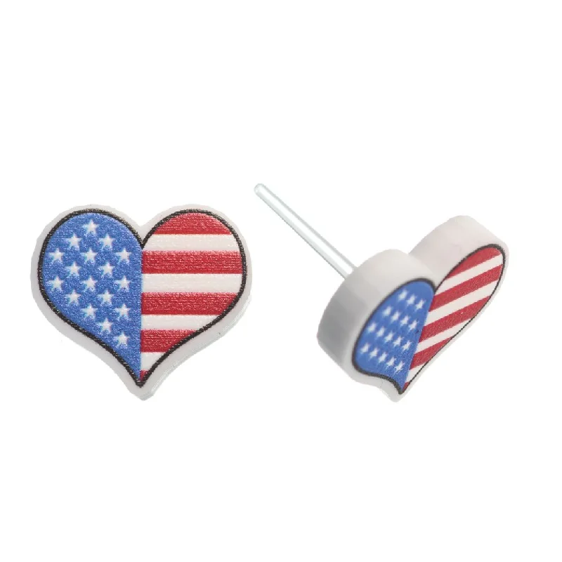 American Flag Heart Studs Hypoallergenic Earrings for Sensitive Ears Made with Plastic Posts