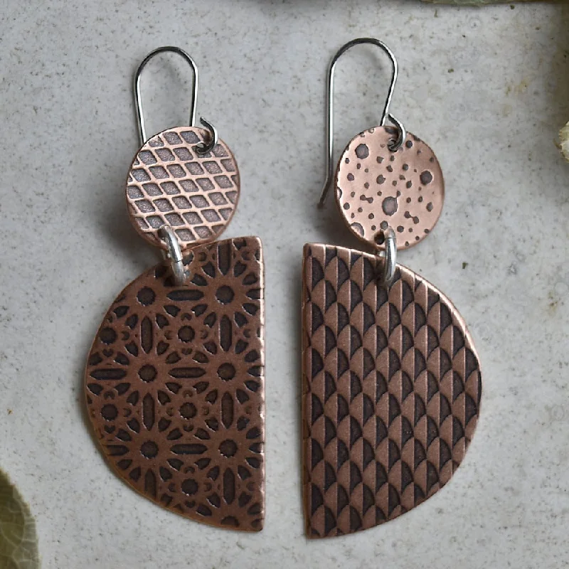 Twisted cord earrings-Circle & Semi-Circle Copper Drop Earrings