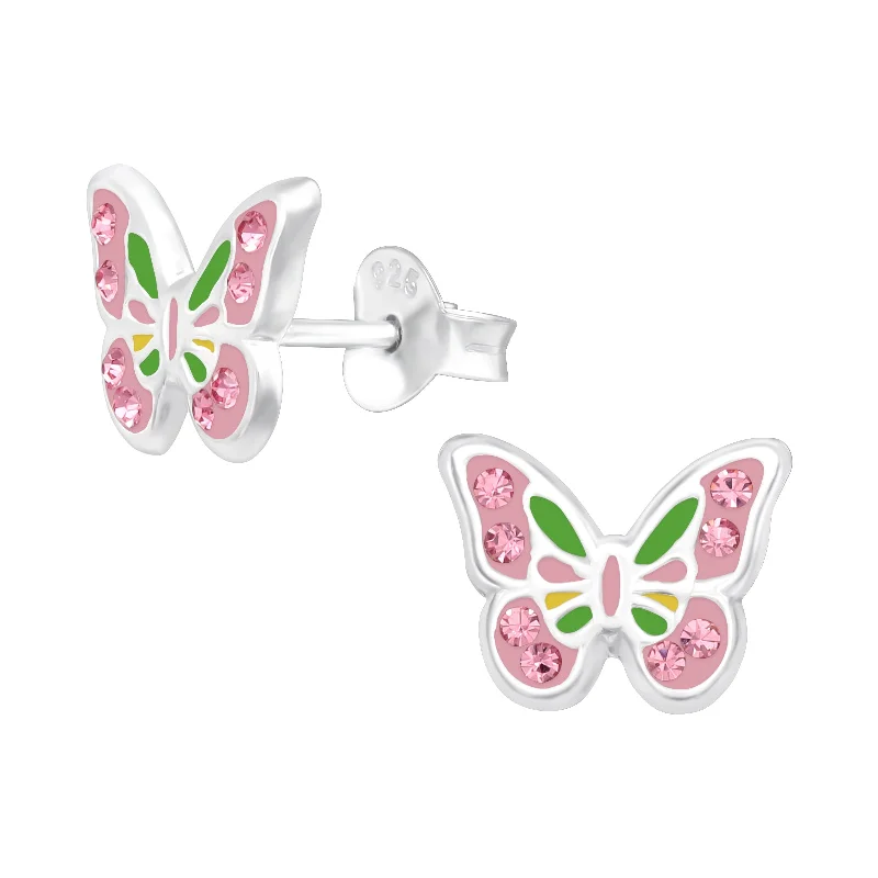 High gloss earrings-Children’s Sterling Silver Pink & Green Butterfly Earrings