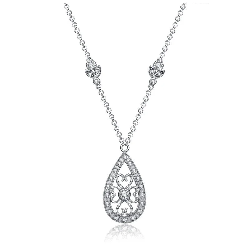 Bright stone necklaces-Sterling Silver White Gold Plated with Clear Cubic Zirconia Teardrop Necklace