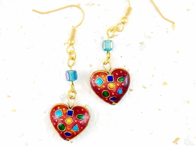 Long earrings with enamelled hearts in 3 colours (red, turquoise, black), geometric patterns, assorted Swarovski crystal cubes, gold-toned stainless steel hooks