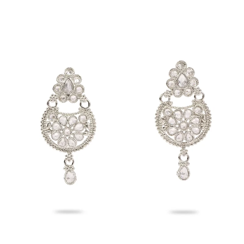 Slim pearl earrings-Raniya Rhodium Earrings with White Crystal