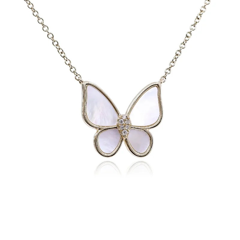 Celestial sign necklaces-14K YELLOW GOLD MOTHER OF PEARL BUTTERFLY NECKLACE WITH DIAMOND ACCENTS