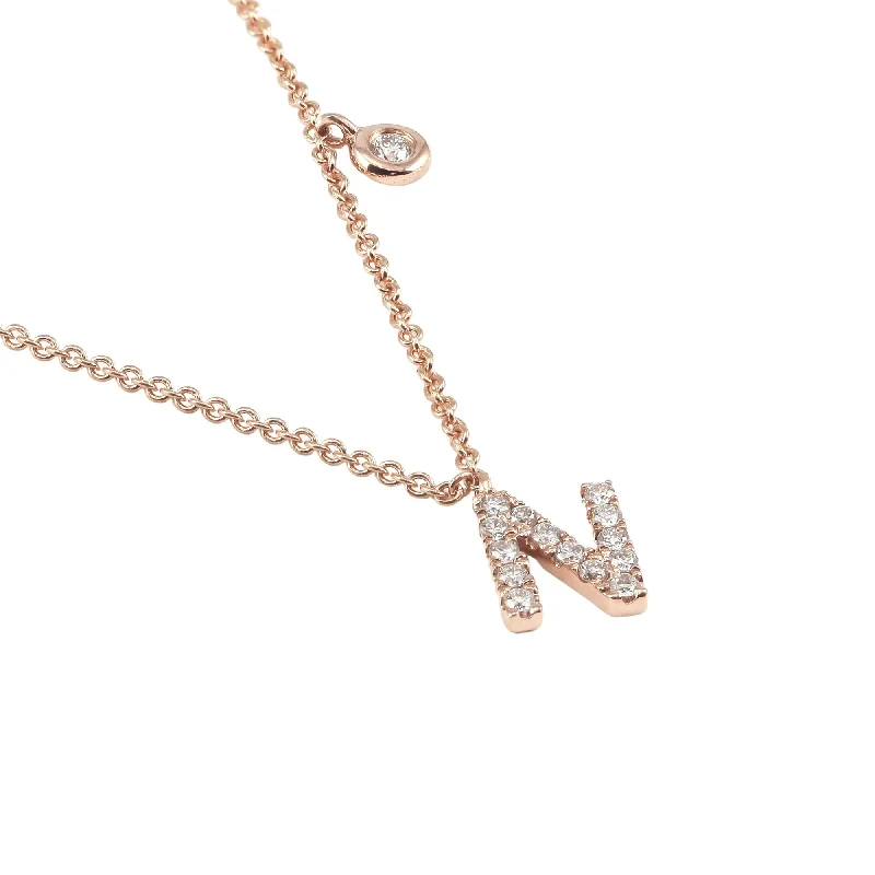 Seven-strand necklaces-ADJUSTABLE 16-INCH 14K ROSE GOLD PAVE DIAMOND LETTER N NECKLACE