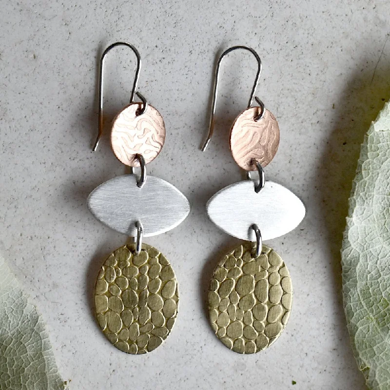 Ripple theme earrings-Silver, Brass & Copper Triple Drop Earrings