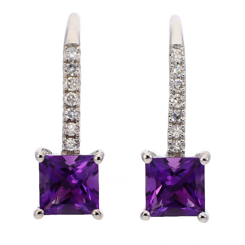 Trekker feather earrings-14K White Gold Amethyst and Diamond Leverback Earrings