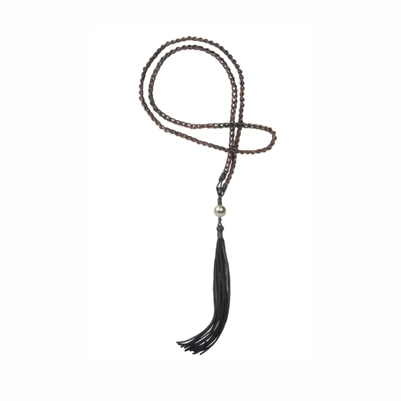 Flax cord necklaces-Vincent Peach 36-Inch Braided Brown Leather Tassel and Tahitian Pearl Necklace