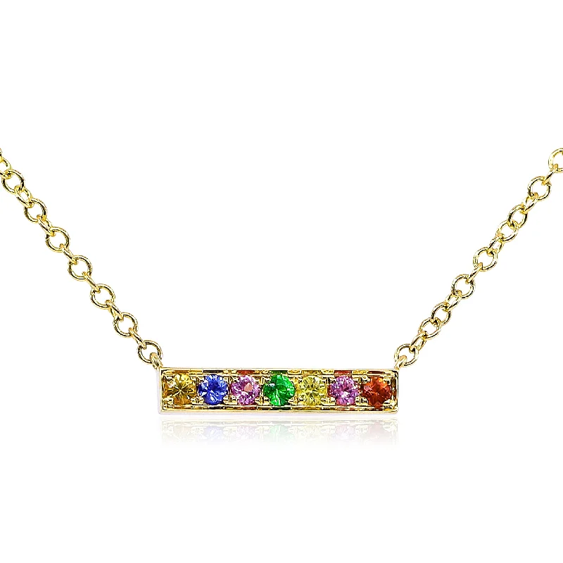 Etched disc necklaces-18K YELLOW GOLD RAINBOW SAPPHIRE BAR PENDANT NECKLACE