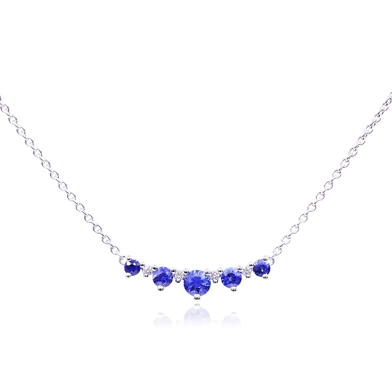 Astro charm necklaces-14K WHITE GOLD SAPPHIRE DIAMOND BAR PENDANT CABLE CHAIN NECKLACE - 18 INCH