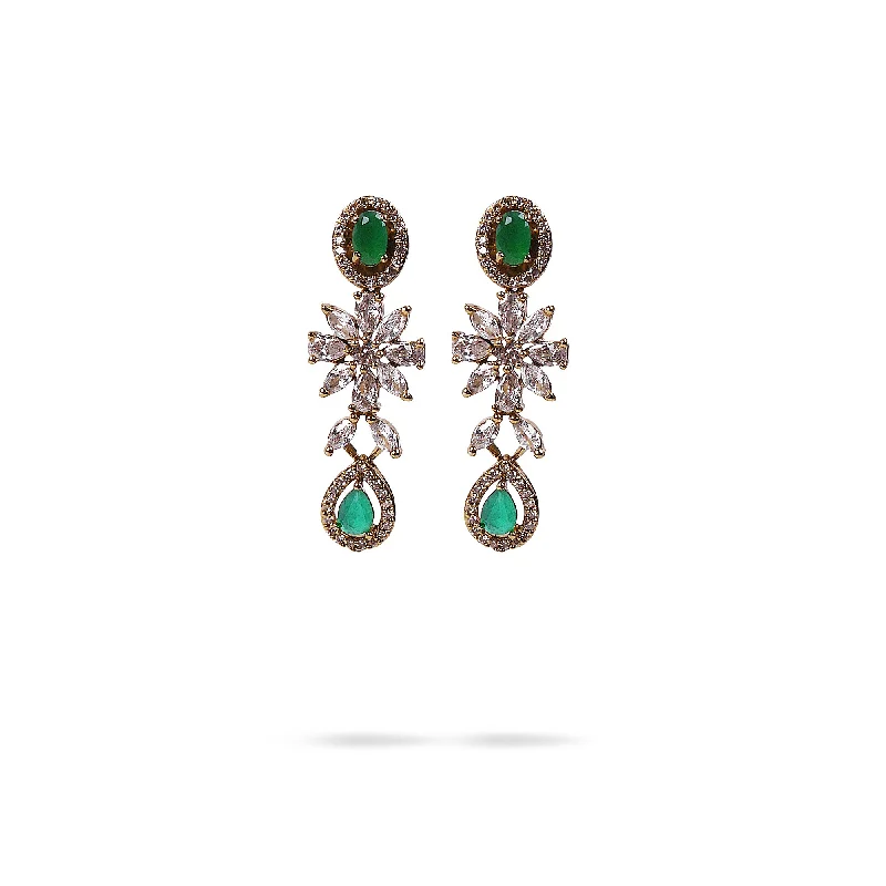 Tapered drop earrings-Floral Cubic Zirconia Earrings in Green