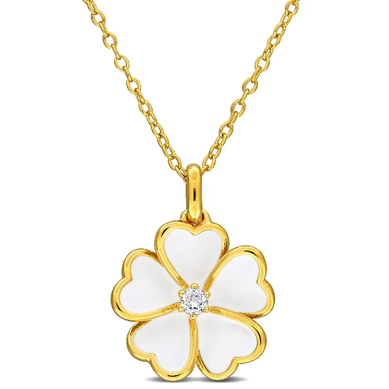 Tiered chain necklaces-Mimi & Max 1/10ct White Topaz White Enamel Plated Flower Necklace Yellow Silver