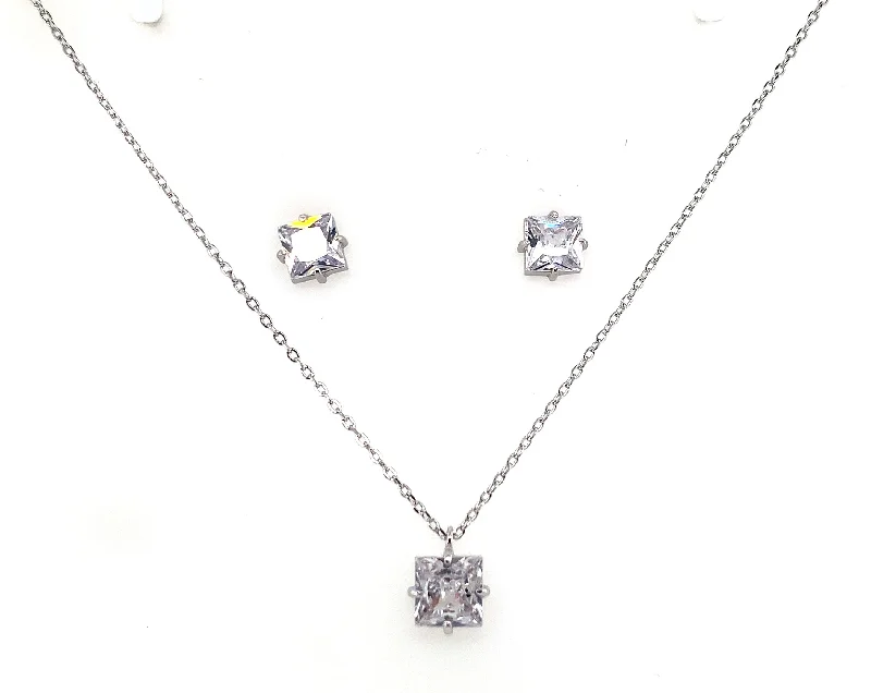 Antique bronze earrings-Sterling Silver Princess Cut Cz Earring & Pendant Set