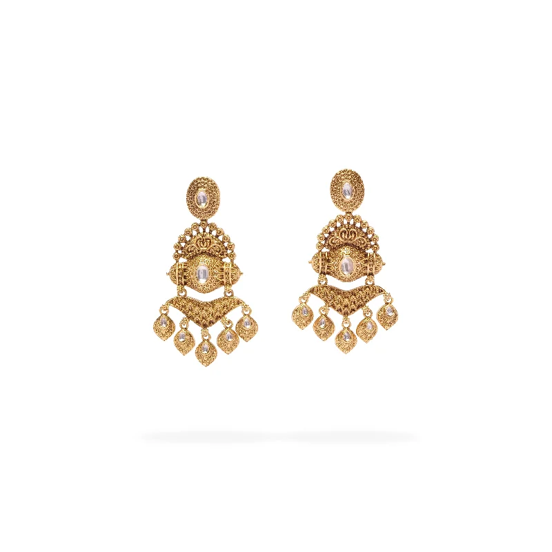 Glossy bead earrings-Mohini Kundan Earrings in Antique Gold