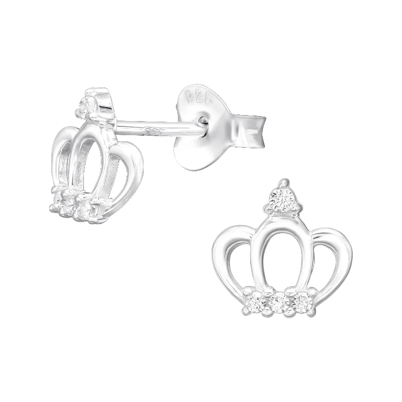 Fine stud earrings-Children’s Sterling Silver Crown Earring with CZ detail.