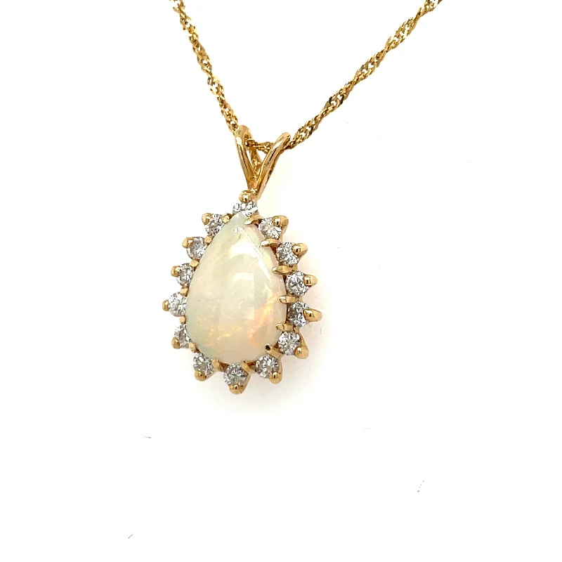 Lapis stone necklaces-Estate 14K Pear Opal & Diamond Halo Necklace