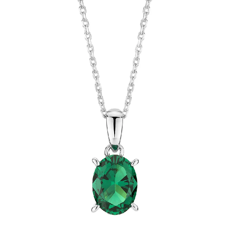 Poppy motif necklaces-Oval and Round Brilliant solitaire necklace with emerald and diamond simulants in sterling silver