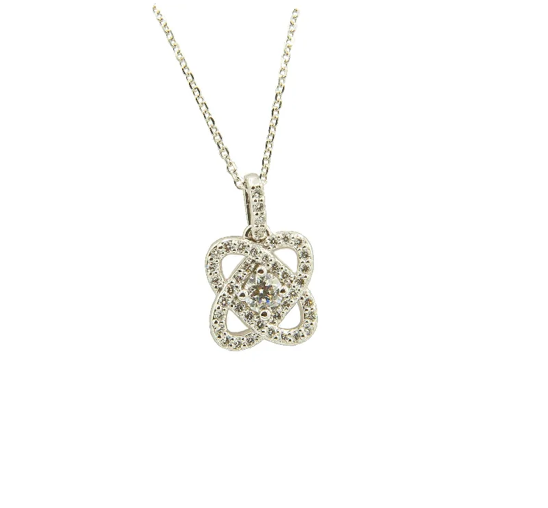 Pure crystal necklaces-14Kt White Gold Diamond Knot Pendant With Round Center Diamond & 40 Round Side Diamonds