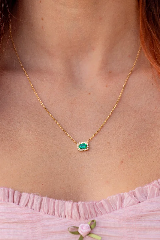 Cultured pearl necklaces-Emerald Diamond Halo Necklace