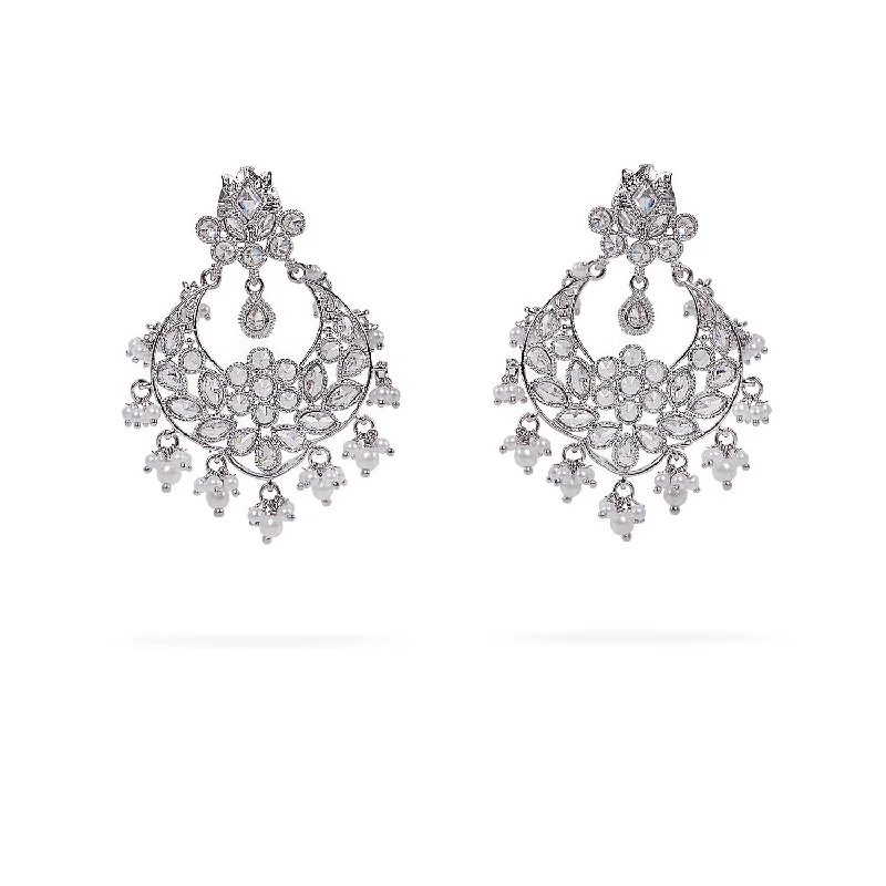 Whimsical pair earrings-Abena Chandbali Earrings in Pearl and Rhodium