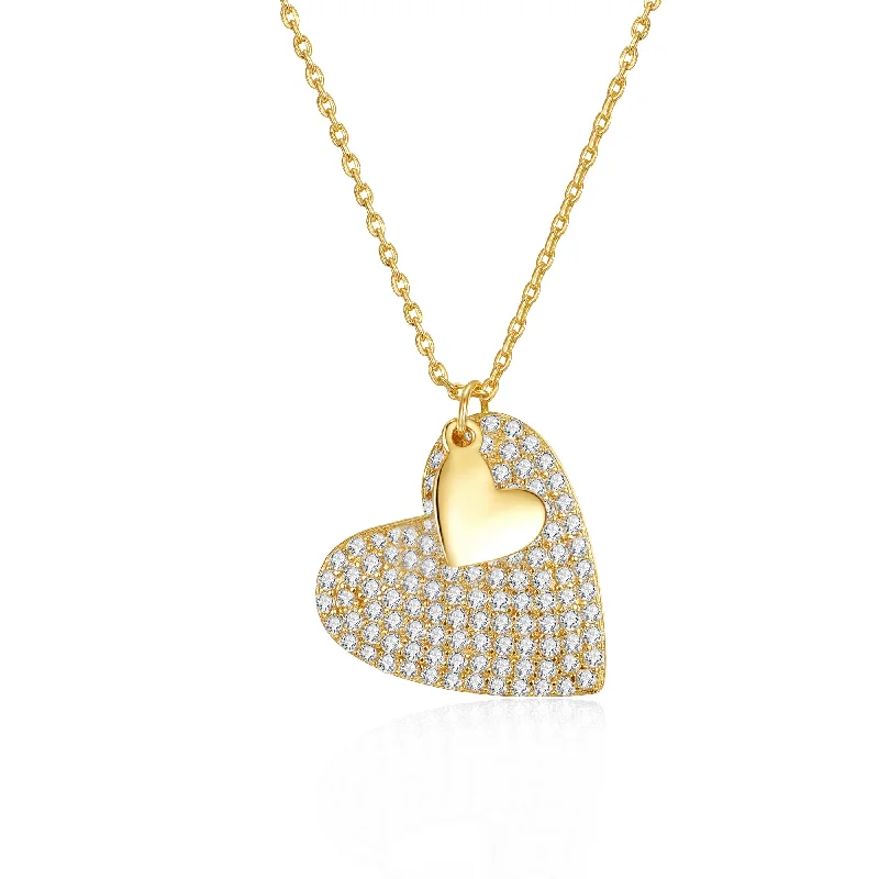 Shiny druzy necklaces-Sterling Silver 14k Yellow Gold Plated With Diamond Cubic Zirconia Pave Double Dangle Heart Charm Pendant Layering Necklace